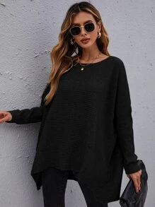 SHEIN LUNE Jersey de hombros caídos bajo irregular - Negro - Ver 4
