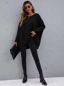 SHEIN LUNE Jersey de hombros caídos bajo irregular - Negro - Ver 6