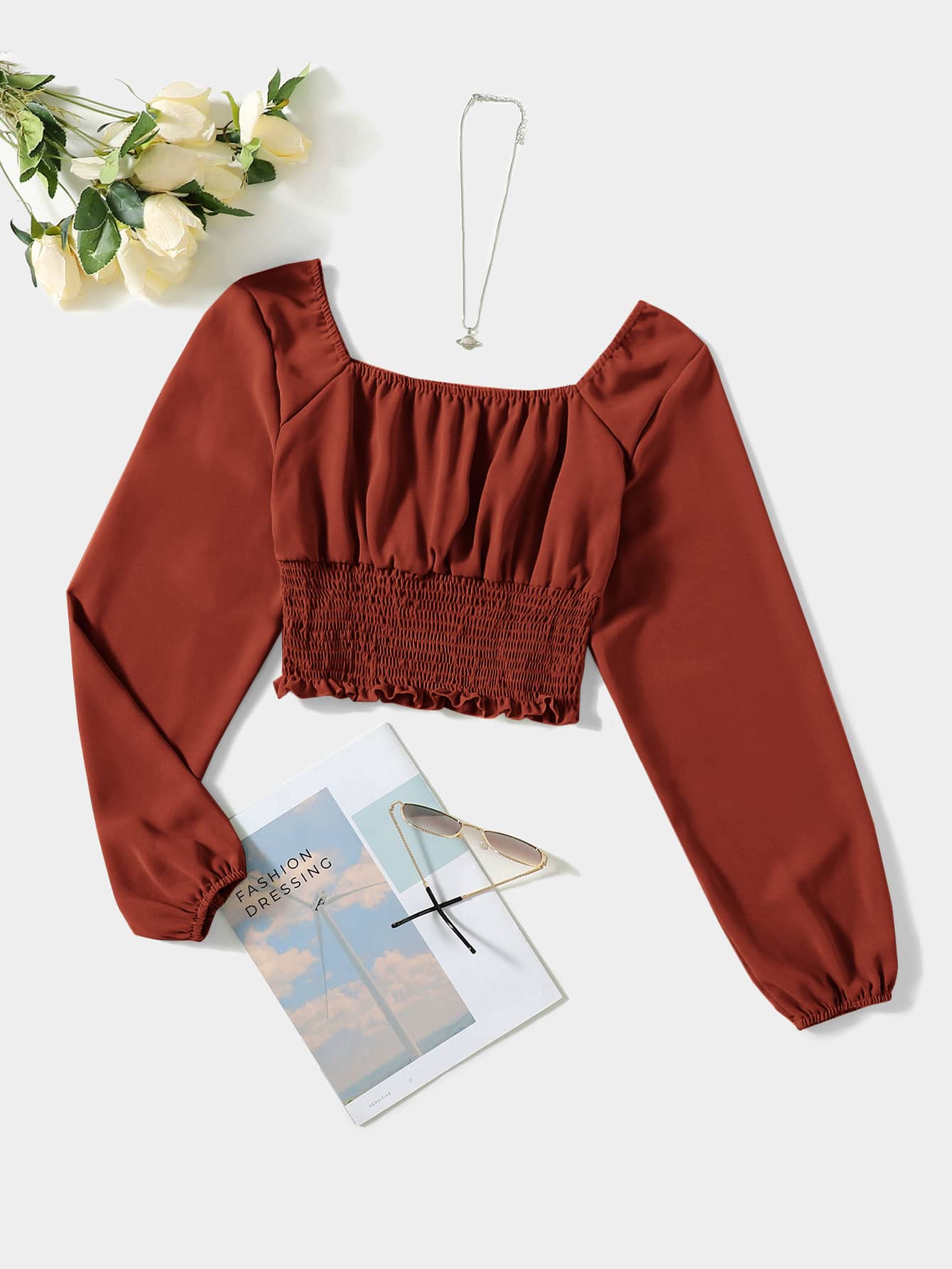 Mulvari Burgundy Red Solid Ruched Bust Scoop Neck Shirred Blouse - Burgundy - View 1