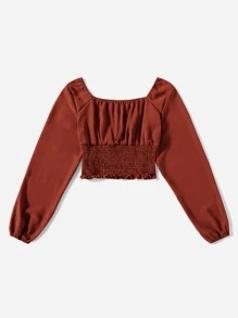 Mulvari Burgundy Red Solid Ruched Bust Scoop Neck Shirred Blouse - Burgundy - View 2