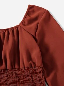 Mulvari Burgundy Red Solid Ruched Bust Scoop Neck Shirred Blouse - Burgundy - View 4