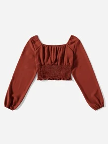 Mulvari Burgundy Red Solid Ruched Bust Scoop Neck Shirred Blouse - Burgundy - View 5