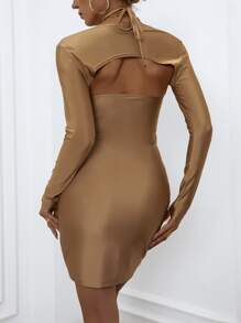 Backless Halterneck Criss Cross Cut Out Satin Bodycon Dress With Bolero - Camel - View 2