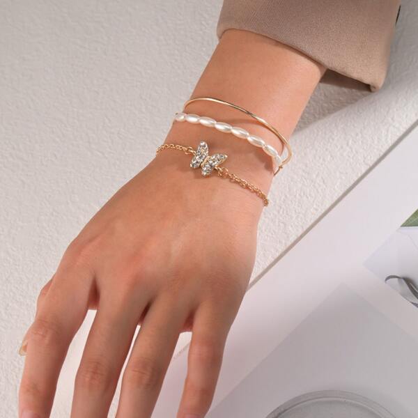 

3pcs Rhinestone Butterfly Decor Bracelet, Multicolor