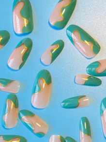 Biến Đổi Móng Tay Của Bạn Với 24 Chiếc Dài Hình Bầu Dục Viền Vàng Xanh Trừu Tượng Móng Tay Giả & 1 Dũa Móng Tay & 1 Tấm Băng Keo dành Cho Nữ Và Bé Gái - Nhiều màu - Xem 4