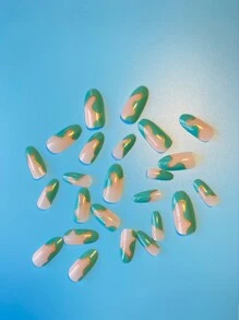 Biến Đổi Móng Tay Của Bạn Với 24 Chiếc Dài Hình Bầu Dục Viền Vàng Xanh Trừu Tượng Móng Tay Giả & 1 Dũa Móng Tay & 1 Tấm Băng Keo dành Cho Nữ Và Bé Gái - Nhiều màu - Xem 3