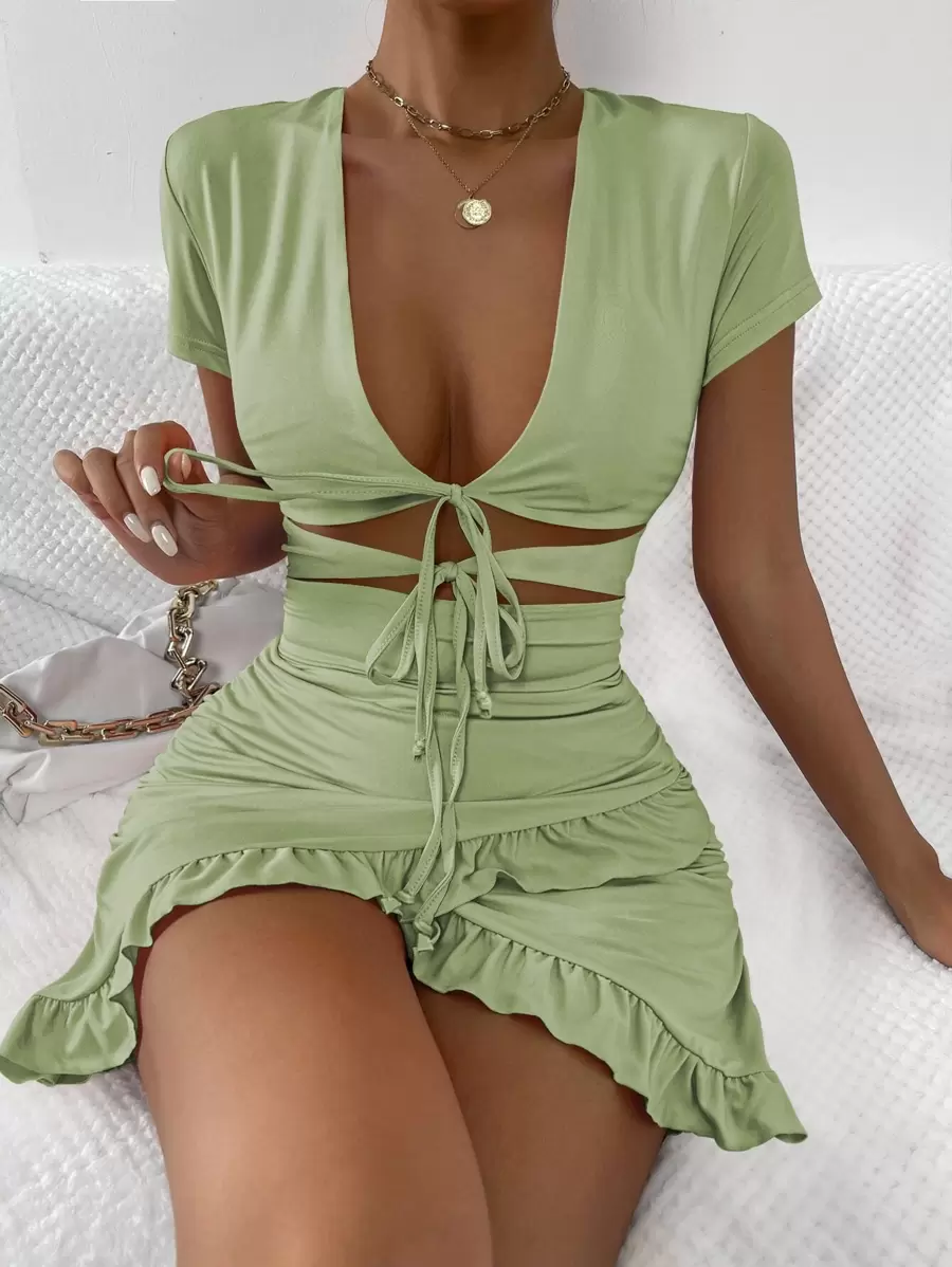 Zolique Tied Cutout Front Ruffle Trim Wrap Hem Dress - Lime Green - View 1