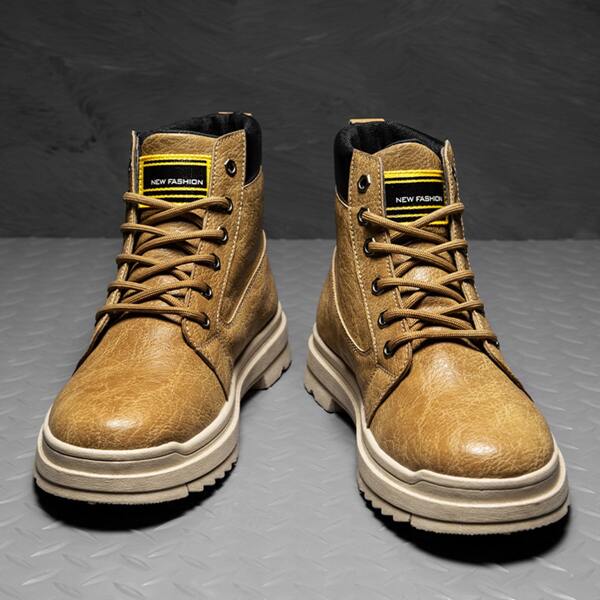 

Men Letter Patch Decor Combat Boots, Khaki