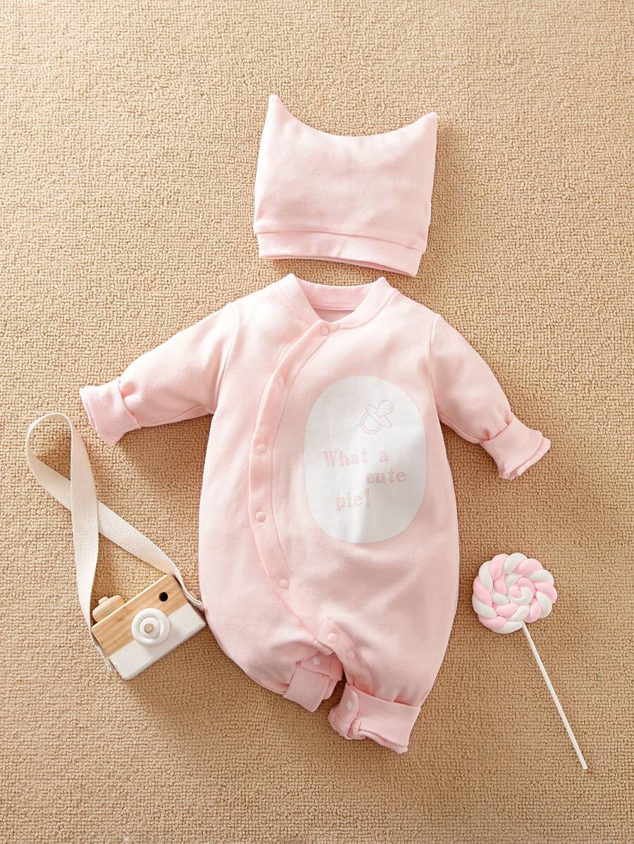 Yierying Baby Pacifier & Slogan Graphic Baseball Collar Jumpsuit & Hat - Baby Pink - View 1