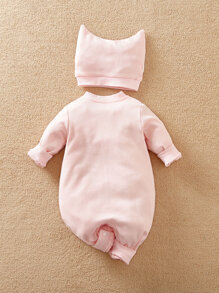 Yierying Baby Pacifier & Slogan Graphic Baseball Collar Jumpsuit & Hat - Baby Pink - View 2