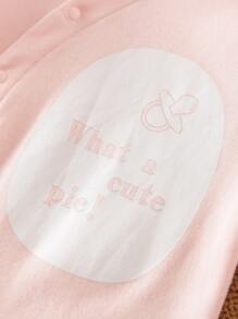 Yierying Baby Pacifier & Slogan Graphic Baseball Collar Jumpsuit & Hat - Baby Pink - View 3