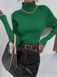 SHEIN Essnce High Neck Rib Knit Jumper Without Necklace - Green - View 1