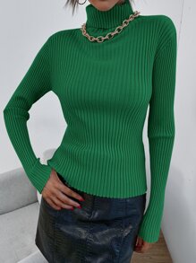 SHEIN Essnce High Neck Rib Knit Jumper Without Necklace - Green - View 3