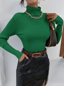 SHEIN Essnce High Neck Rib Knit Jumper Without Necklace - Green - View 4