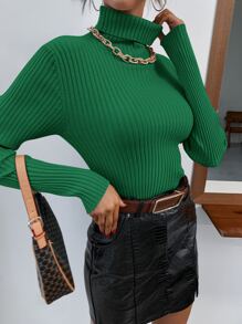 SHEIN Essnce High Neck Rib Knit Jumper Without Necklace - Green - View 5