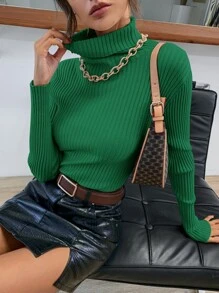 SHEIN Essnce High Neck Rib Knit Jumper Without Necklace - Green - View 6
