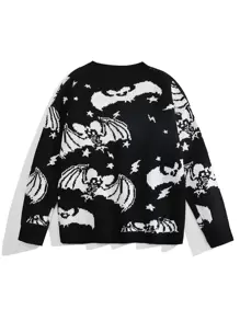 SHEIN Unity 蝙蝠和骷髏圖案落肩袖套頭毛衣 - 黑與白 - 查看 2