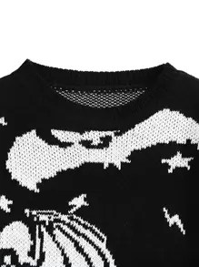 SHEIN Unity 蝙蝠和骷髏圖案落肩袖套頭毛衣 - 黑與白 - 查看 3