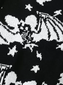 SHEIN Unity 蝙蝠和骷髏圖案落肩袖套頭毛衣 - 黑與白 - 查看 4