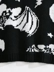 SHEIN Unity 蝙蝠和骷髏圖案落肩袖套頭毛衣 - 黑與白 - 查看 6