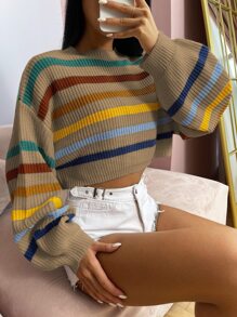 SHEIN Unity Stripe Pattern Lantern Sleeve Sweater - Multicolor - View 1
