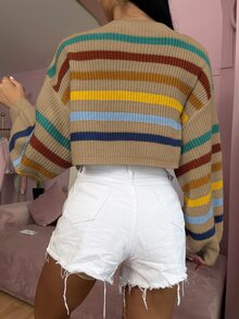 SHEIN Unity Stripe Pattern Lantern Sleeve Sweater - Multicolor - View 2