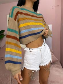 SHEIN Unity Stripe Pattern Lantern Sleeve Sweater - Multicolor - View 5