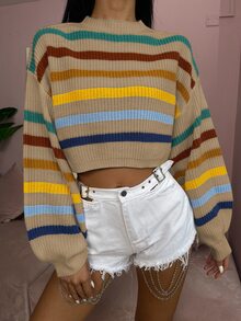 SHEIN Unity Stripe Pattern Lantern Sleeve Sweater - Multicolor - View 6