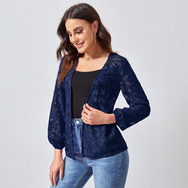 

Solid Open Front Bishop Sleeve Lace Jacket, Navy blue