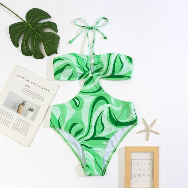 

Fluid Pattern Cut-out One Piece Swimsuit, Green