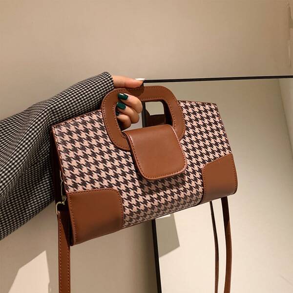 

Houndstooth Pattern Square Bag, Brown