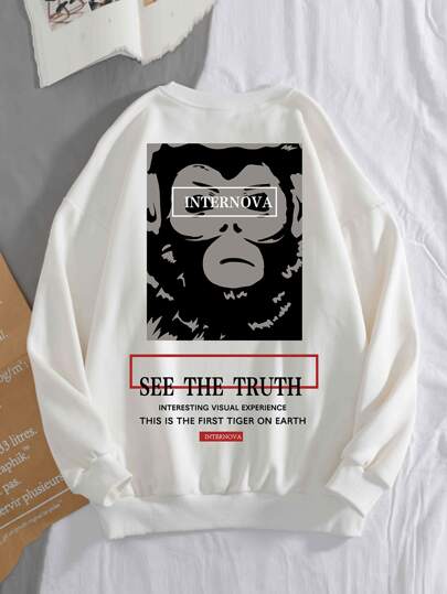 Men Slogan & Monkey Print Drop Shoulder Sweatshirt