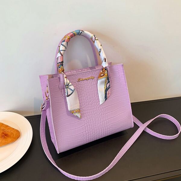 

Crocodile Embossed Twilly Scarf Decor Satchel Bag, Purple