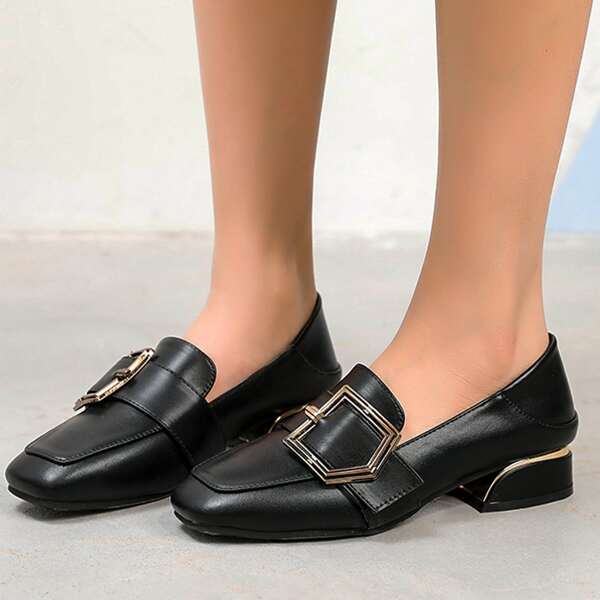 

Metallic Buckle Decor Square Toe Flats, Black