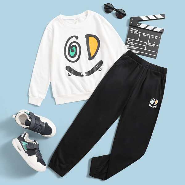 

Boys Cartoon Graphic Sweatshirt & Sweatpants, Black and white