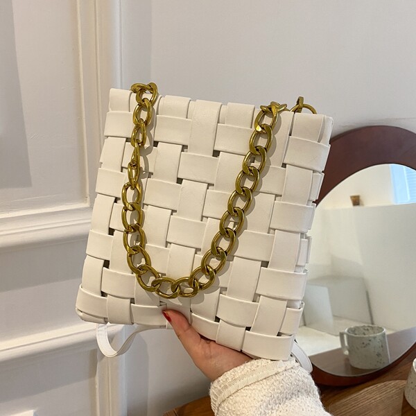 

Chain Decor Braided Detail Square Bag, White