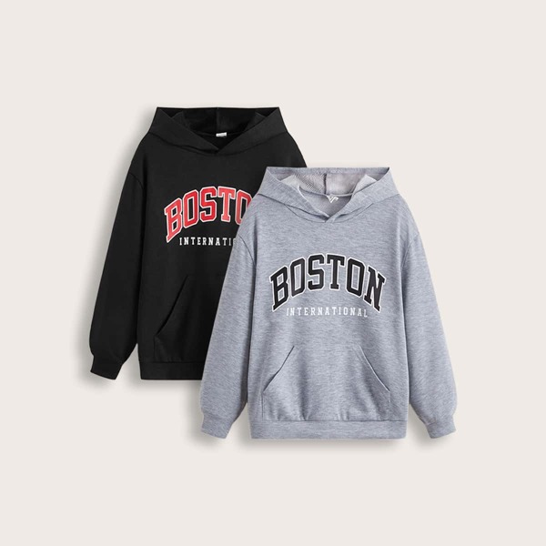 

Boys 2pcs Letter Graphic Kangaroo Pocket Hoodie, Multicolor