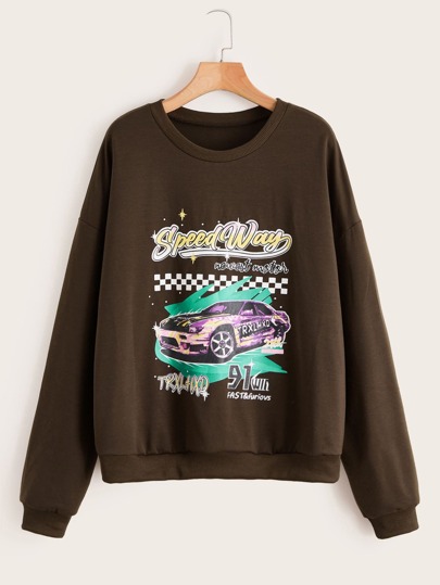 Street Life Letter Car Graphic Drop Shoulder Sweatshirt