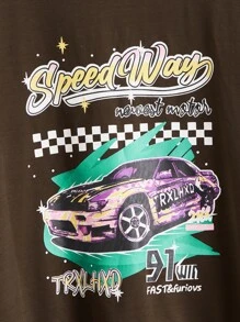 ROMWE Street Life 字母汽車圖案下垂肩運動衫 - 咖啡棕 - 查看 4