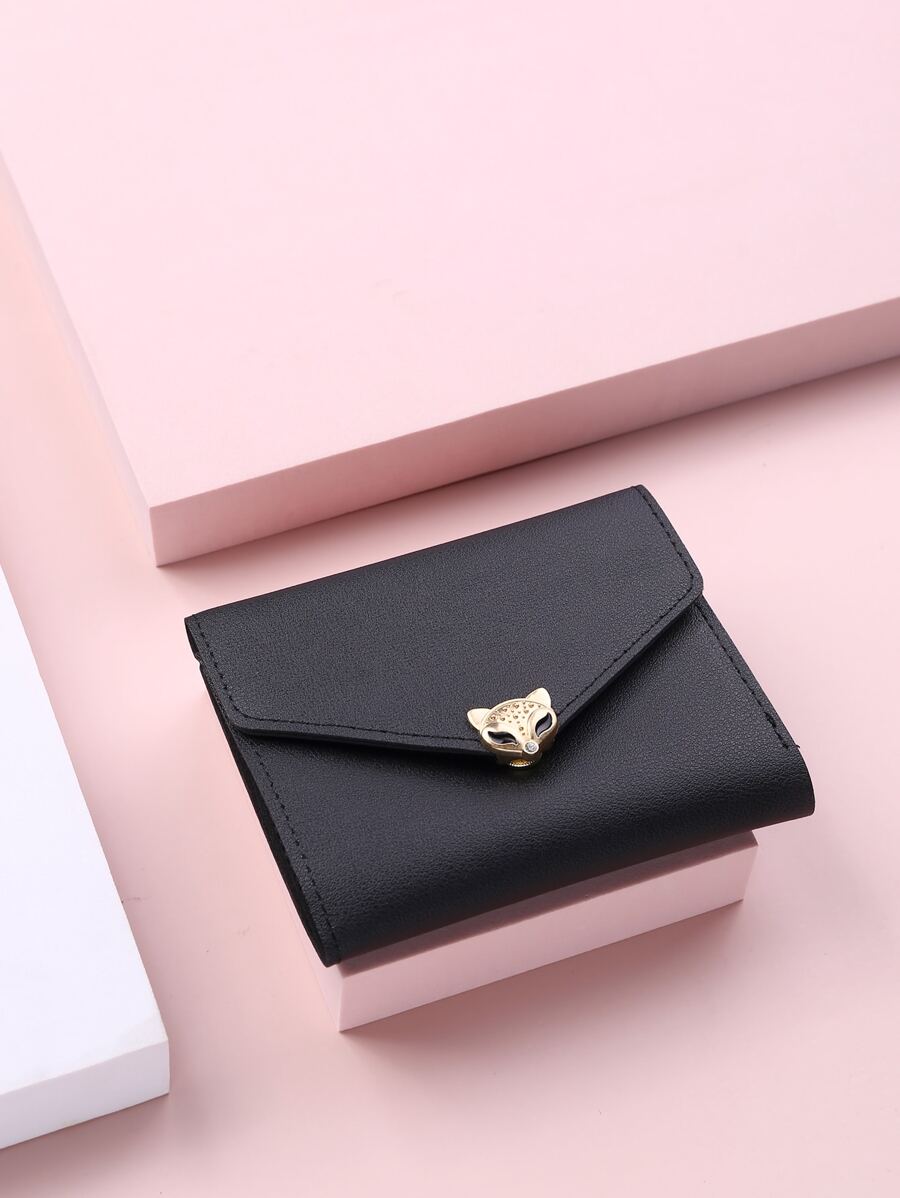 金属装饰折叠钱包口袋钱包小钱包 ID 窗口双折女士钱包便携、钱、现金白领人士、女大学生、工作、商务、通勤、办公室、周年纪念、情侣、生日礼物、情人节礼物、礼物 - 黑色 - 查看 1