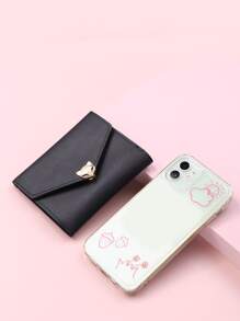 金属装饰折叠钱包口袋钱包小钱包 ID 窗口双折女士钱包便携、钱、现金白领人士、女大学生、工作、商务、通勤、办公室、周年纪念、情侣、生日礼物、情人节礼物、礼物 - 黑色 - 查看 2