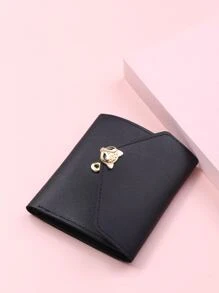 金属装饰折叠钱包口袋钱包小钱包 ID 窗口双折女士钱包便携、钱、现金白领人士、女大学生、工作、商务、通勤、办公室、周年纪念、情侣、生日礼物、情人节礼物、礼物 - 黑色 - 查看 3