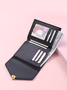 金属装饰折叠钱包口袋钱包小钱包 ID 窗口双折女士钱包便携、钱、现金白领人士、女大学生、工作、商务、通勤、办公室、周年纪念、情侣、生日礼物、情人节礼物、礼物 - 黑色 - 查看 4