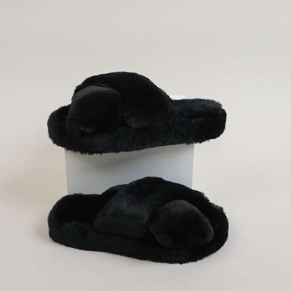 

Fluffy Cross Design Bedroom Slippers, Black