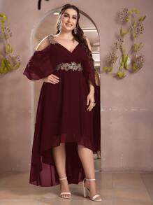 SHEIN Belle 勃艮第红色加亮片贴花露肩高低雪纺舞会伴娘礼服 - 酒紅色 - 查看 3