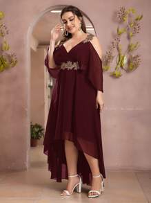 SHEIN Belle 勃艮第红色加亮片贴花露肩高低雪纺舞会伴娘礼服 - 酒紅色 - 查看 4