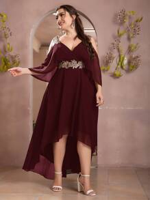 SHEIN Belle 勃艮第红色加亮片贴花露肩高低雪纺舞会伴娘礼服 - 酒紅色 - 查看 6