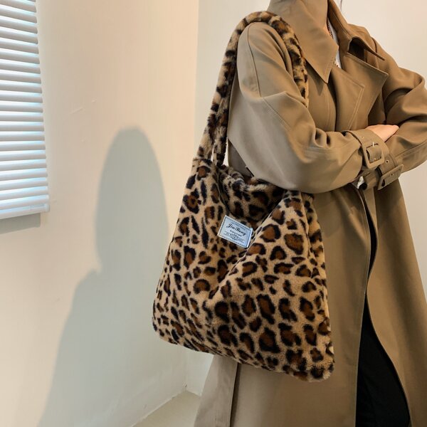 

Leopard Fluffy Tote Bag, Multicolor