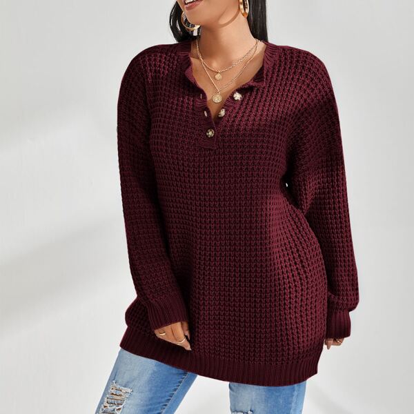 

Plus Waffle Knit Half Button Drop Shoulder Sweater, Burgundy