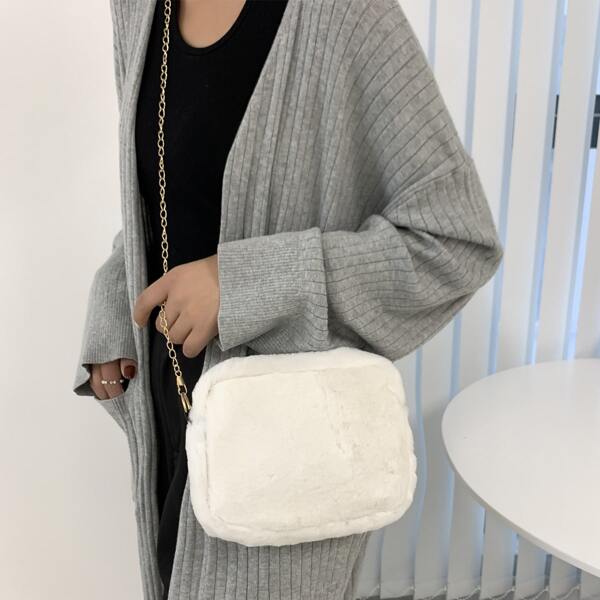 

Minimalist Fluffy Chain Crossbody Bag, White